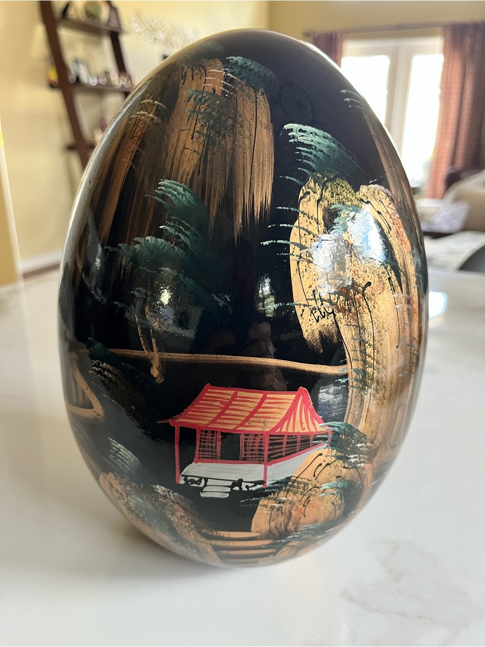 Vintage Black Lacquered Decorative Egg with Hand-Painted Red Pavilion